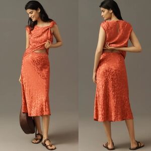 FARM Rio Anthropologie NWOT Red Jacquard Satin Leopard Midi Skirt, Size Small
